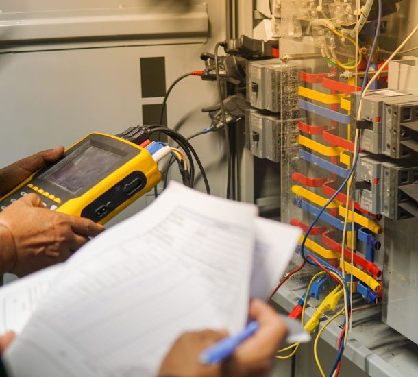 Un ingegnere elettricista utilizza un multimetro per testare l'installazione elettrica e la corrente della linea di alimentazione in un quadro elettrico.